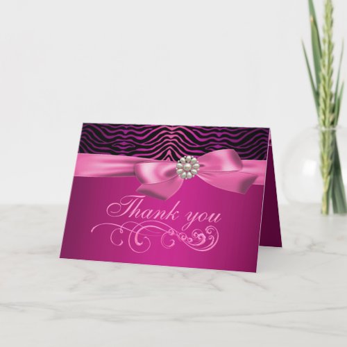 Pink Zebra Print  Bow Thank You Card