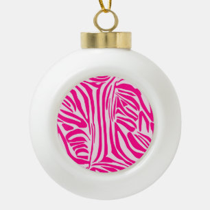 Pink zebra print ceramic ball christmas ornament