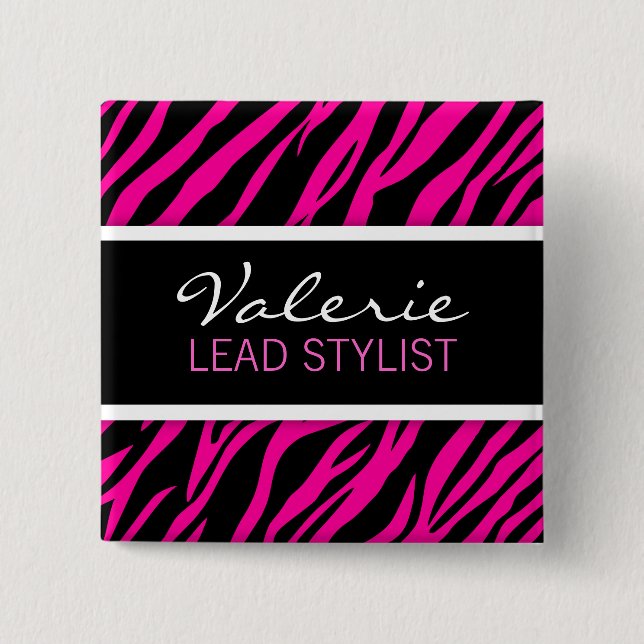 Pink Zebra Print (Custom) Hair Salon Name Badge Pinback Button (Front)