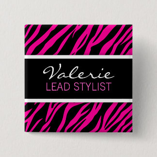 Pink Zebra Print (Custom) Hair Salon Name Badge Pinback Button