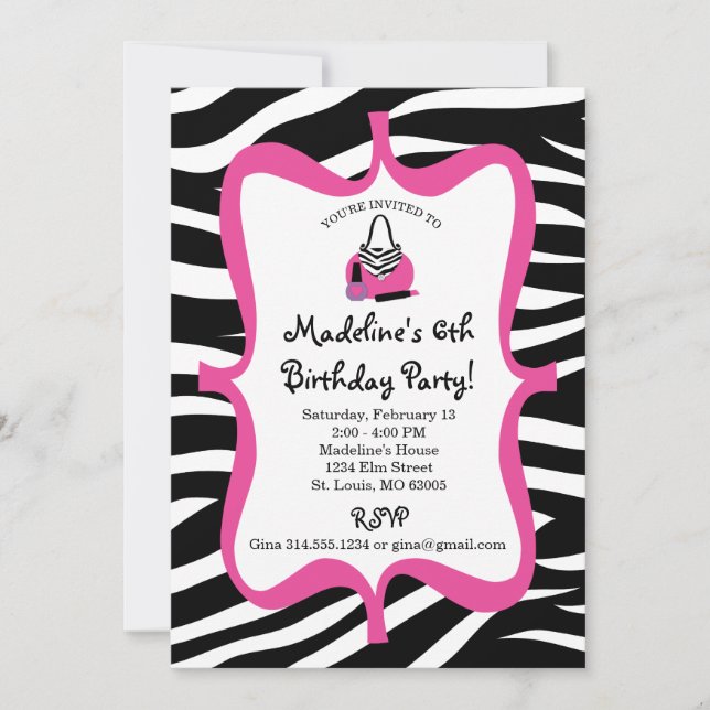 Pink Zebra Print Diva Spa Birthday Invitation (Front)