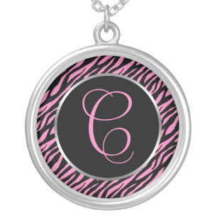 Pink Zebra Print Fancy Letter C Silver Plated Necklace