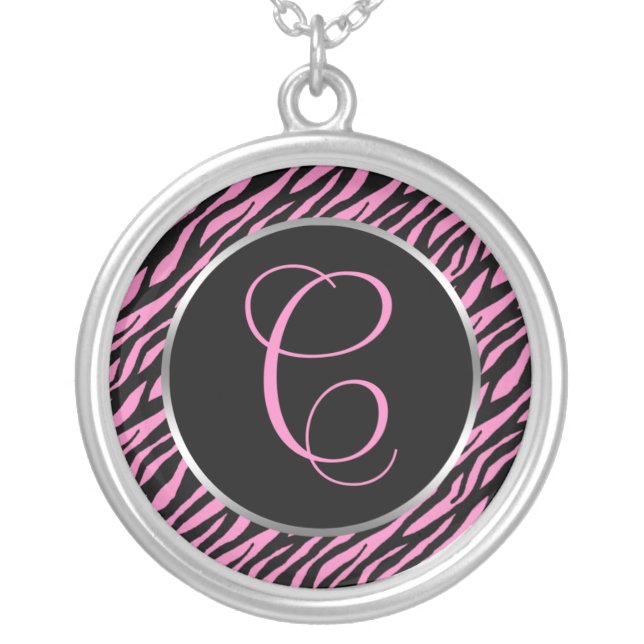 Pink Zebra Print Fancy Letter C Silver Plated Necklace (Front)