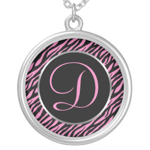 Pink Zebra Print Fancy Letter D Silver Plated Necklace