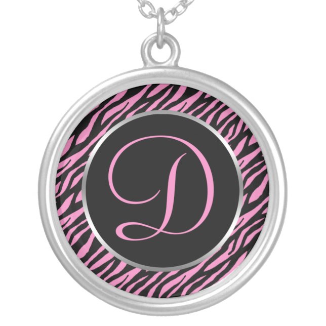 Pink Zebra Print Fancy Letter D Silver Plated Necklace (Front)