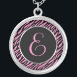 Pink Zebra Print Fancy Letter E Silver Plated Necklace<br><div class="desc">Script letter E in pink on a black and pink zebra print background.</div>