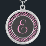 Pink Zebra Print Fancy Letter E Silver Plated Necklace<br><div class="desc">Script letter E in pink on a black and pink zebra print background.</div>