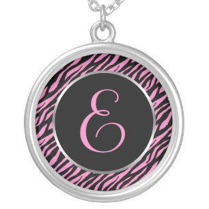Pink Zebra Print Fancy Letter E Silver Plated Necklace