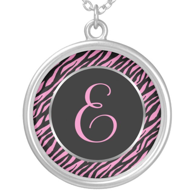 Pink Zebra Print Fancy Letter E Silver Plated Necklace (Front)
