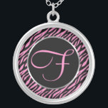 Pink Zebra Print Fancy Letter F Silver Plated Necklace<br><div class="desc">Script letter F in pink on a black and pink zebra print background.</div>