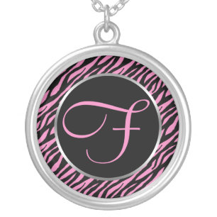 Pink Zebra Print Fancy Letter F Silver Plated Necklace