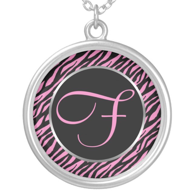 Pink Zebra Print Fancy Letter F Silver Plated Necklace (Front)