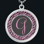 Pink Zebra Print Fancy Letter G Silver Plated Necklace<br><div class="desc">Script letter G in pink on a black and pink zebra print background.</div>