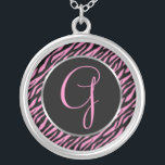 Pink Zebra Print Fancy Letter G Silver Plated Necklace<br><div class="desc">Script letter G in pink on a black and pink zebra print background.</div>