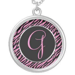 Pink Zebra Print Fancy Letter G Silver Plated Necklace