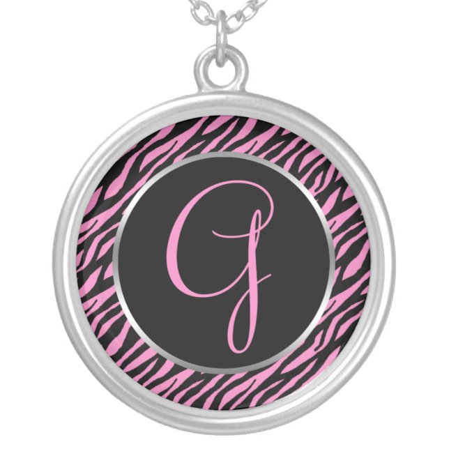 Pink Zebra Print Fancy Letter G Silver Plated Necklace (Front)
