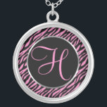 Pink Zebra Print Fancy Letter H Silver Plated Necklace<br><div class="desc">Script letter H in pink on a black and pink zebra print background.</div>