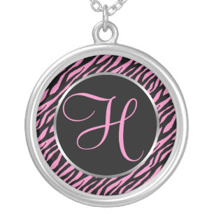 Pink Zebra Print Fancy Letter H Silver Plated Necklace