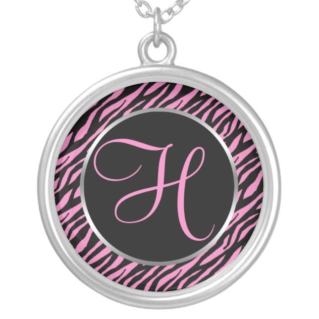 Pink Zebra Print Fancy Letter H Silver Plated Necklace (Front)