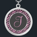 Pink Zebra Print Fancy Letter I Silver Plated Necklace<br><div class="desc">Script letter I in pink on a black and pink zebra print background.</div>