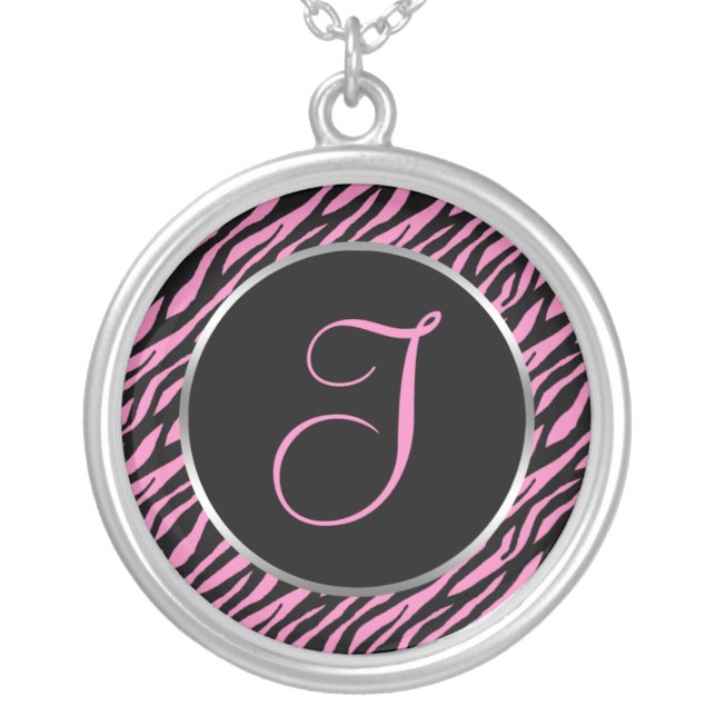 Pink Zebra Print Fancy Letter I Silver Plated Necklace (Front)