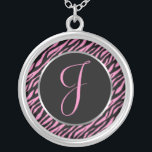 Pink Zebra Print Fancy Letter J Silver Plated Necklace<br><div class="desc">Script letter J in pink on a black and pink zebra print background.</div>