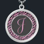 Pink Zebra Print Fancy Letter J Silver Plated Necklace<br><div class="desc">Script letter J in pink on a black and pink zebra print background.</div>