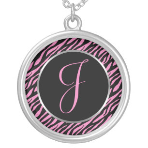 Pink Zebra Print Fancy Letter J Silver Plated Necklace
