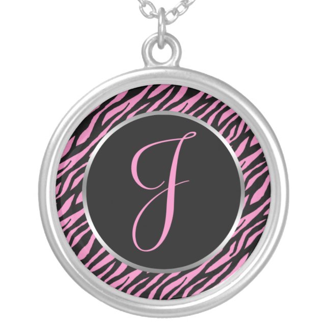 Pink Zebra Print Fancy Letter J Silver Plated Necklace (Front)