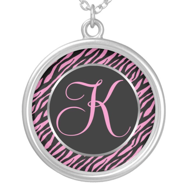 Pink Zebra Print Fancy Letter K Silver Plated Necklace (Front)
