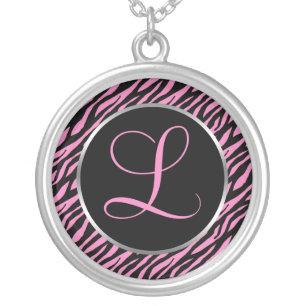 Pink Zebra Print Fancy Letter L Silver Plated Necklace