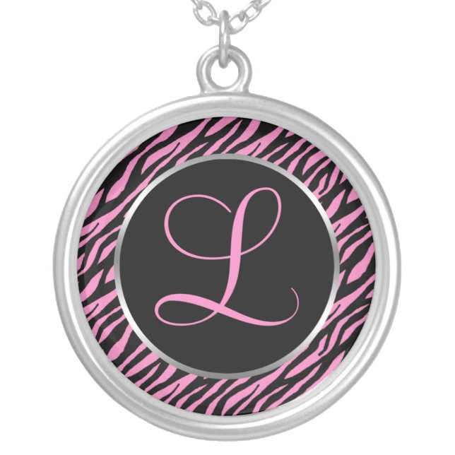 Pink Zebra Print Fancy Letter L Silver Plated Necklace (Front)