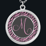 Pink Zebra Print Fancy Letter M Silver Plated Necklace<br><div class="desc">Script letter M in pink on a black and pink zebra print background.</div>
