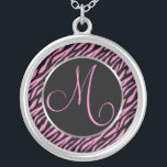 Pink Zebra Print Fancy Letter M Silver Plated Necklace<br><div class="desc">Script letter M in pink on a black and pink zebra print background.</div>