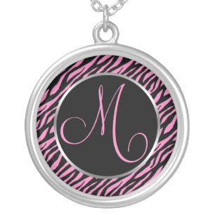 Pink Zebra Print Fancy Letter M Silver Plated Necklace
