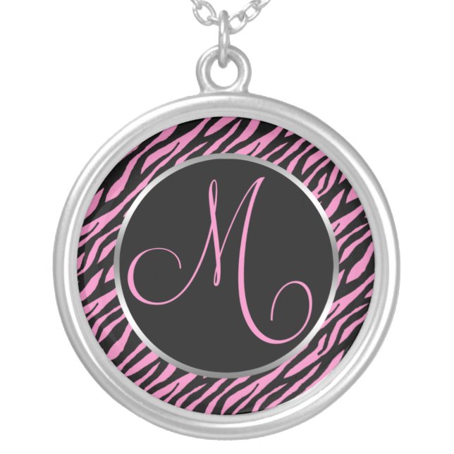 Pink Zebra Print Fancy Letter M Silver Plated Necklace (Front)