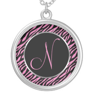Pink Zebra Print Fancy Letter N Silver Plated Necklace