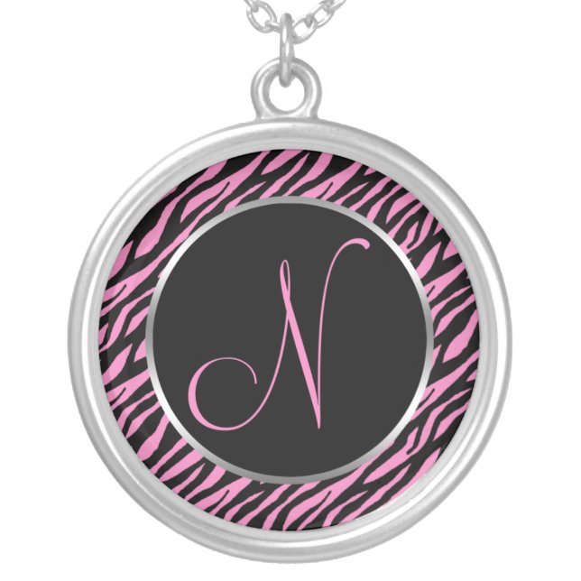 Pink Zebra Print Fancy Letter N Silver Plated Necklace (Front)