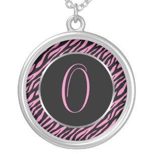 Pink Zebra Print Fancy Letter O Silver Plated Necklace