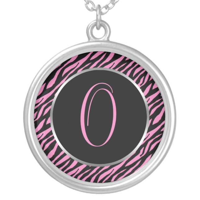 Pink Zebra Print Fancy Letter O Silver Plated Necklace (Front)