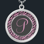 Pink Zebra Print Fancy Letter P Silver Plated Necklace<br><div class="desc">Script letter P in pink on a black and pink zebra print background.</div>