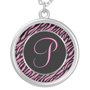 Pink Zebra Print Fancy Letter P Silver Plated Necklace