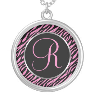 Pink Zebra Print Fancy Letter R Silver Plated Necklace