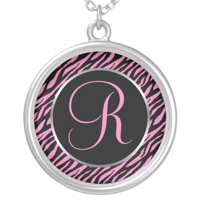 Pink Zebra Print Fancy Letter R Silver Plated Necklace (Front)
