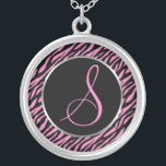 Pink Zebra Print Fancy Letter S Silver Plated Necklace<br><div class="desc">Script letter S in pink on a black and pink zebra print background.</div>