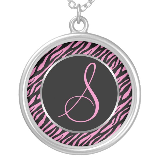 Pink Zebra Print Fancy Letter S Silver Plated Necklace (Front)