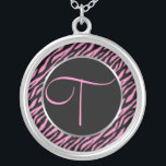 Pink Zebra Print Fancy Letter T Silver Plated Necklace<br><div class="desc">Script letter T in pink on a black and pink zebra print background.</div>