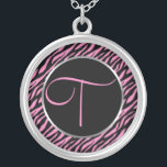 Pink Zebra Print Fancy Letter T Silver Plated Necklace<br><div class="desc">Script letter T in pink on a black and pink zebra print background.</div>
