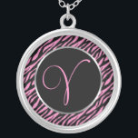 Pink Zebra Print Fancy Letter V Silver Plated Necklace<br><div class="desc">Script letter V in pink on a black and pink zebra print background.</div>