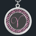 Pink Zebra Print Fancy Letter V Silver Plated Necklace<br><div class="desc">Script letter V in pink on a black and pink zebra print background.</div>
